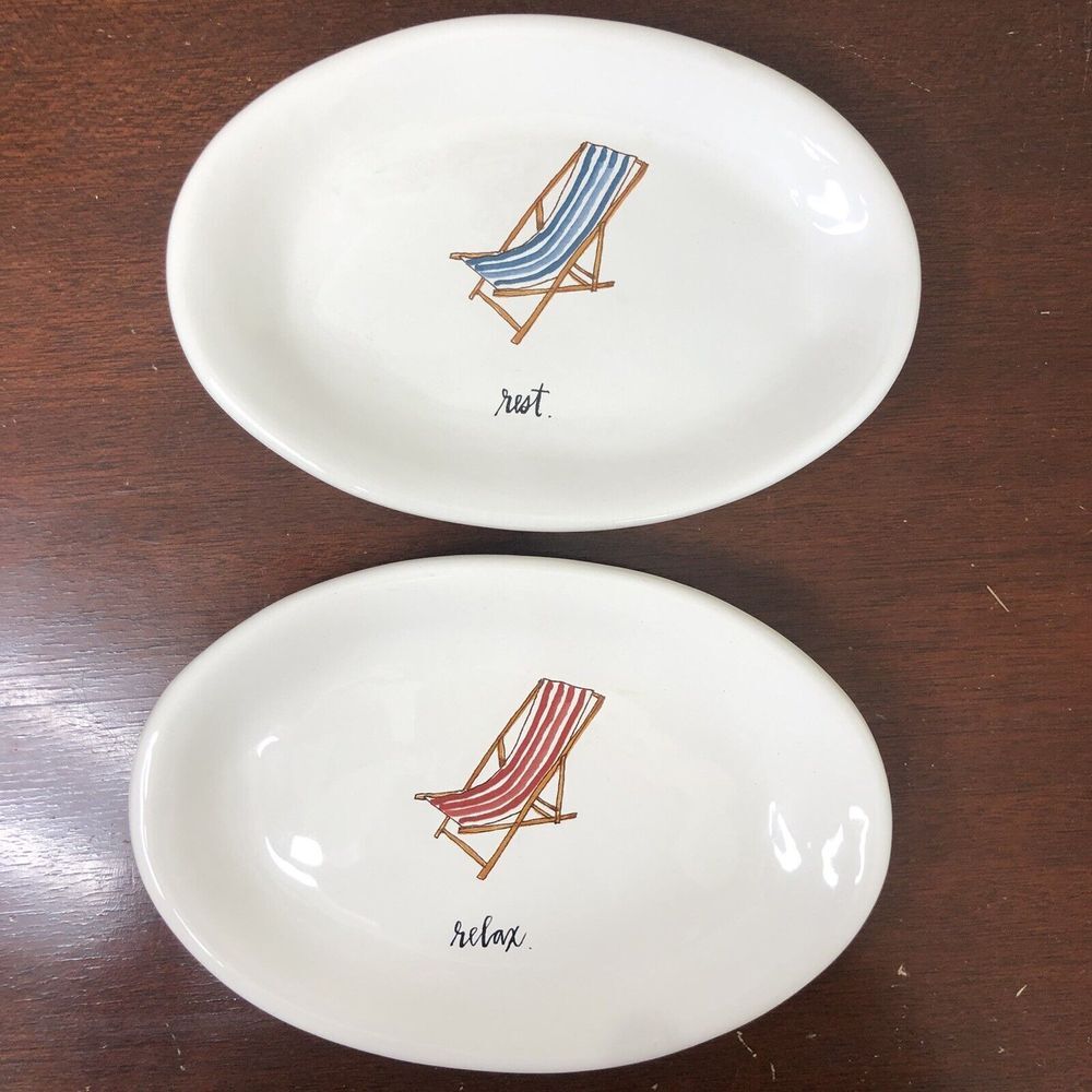 Rae Dunn 2017 TWO 8" x 5.5" REST / RELAX Beach Chair Oval Appetizer Plates